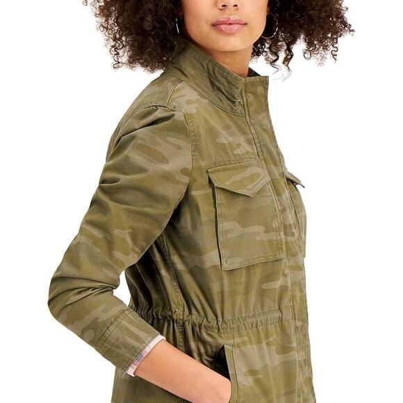 Style & Co Jacket Camo Print Coat Zip-Up Drawstring-Waist WMN L Green Button Zip - Picture 4 of 11